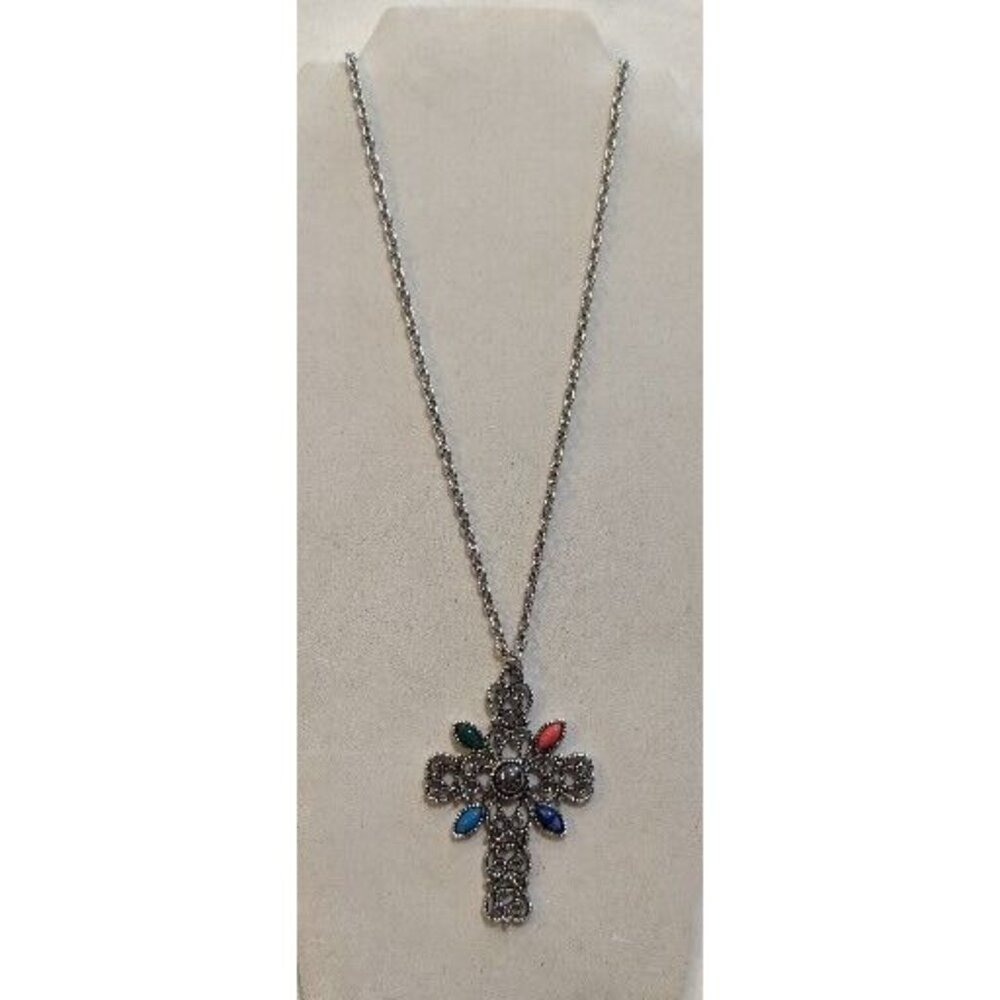 Vintage Estate Large Avon Silver Tone Cabochon Cross Pendant Necklace 24" - Picture 3 of 8